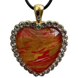 Handmade Heart Pendant Necklace Red Gold Cabochon Rhinestone Frame